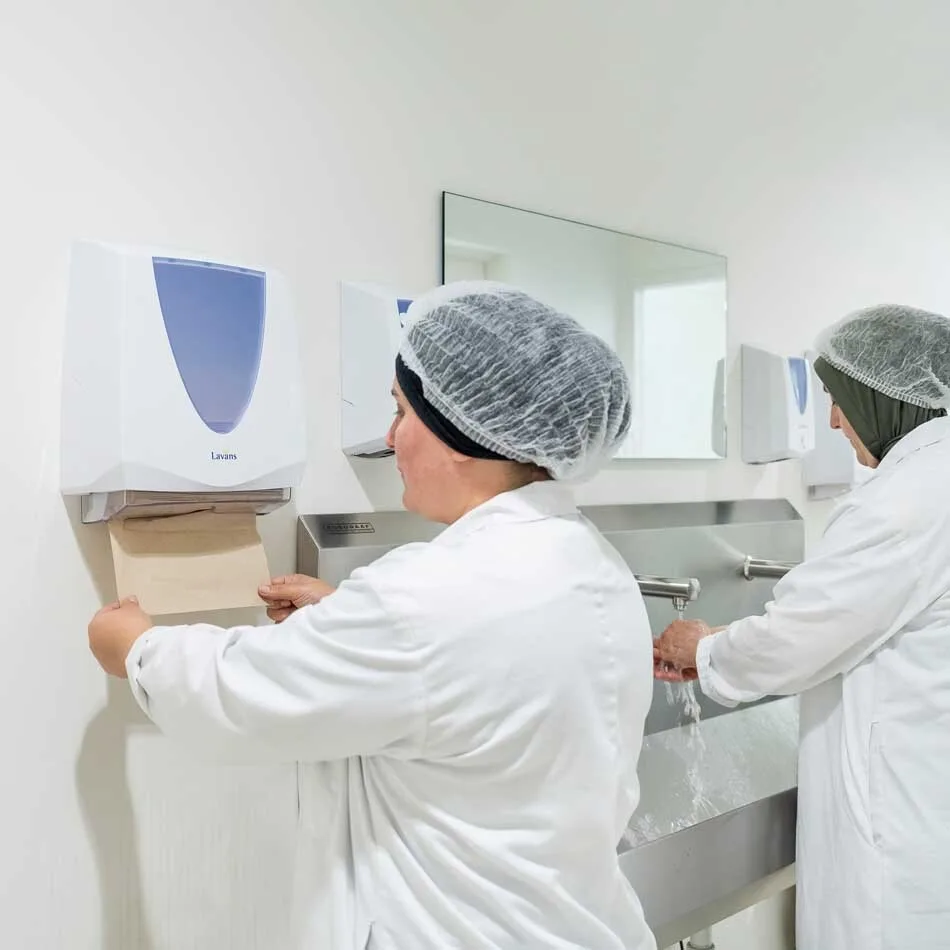 Vouwhanddoek dispenser in gebruik werkomgeving