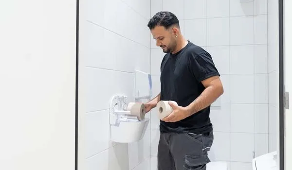 Servicemedewerker vult duurzaam wcpapier aan in duo toiletrolhouder