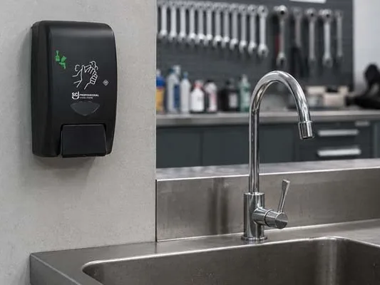 Industriële zeepdispenser hangt in een werkplaats