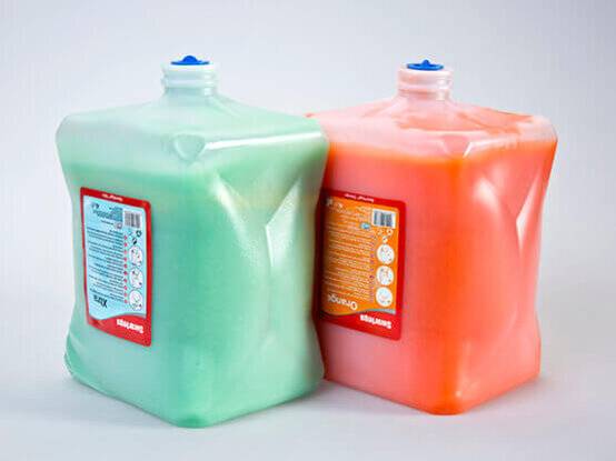 Zeepdispenser industriezeep vullingen oranje en groene zeep